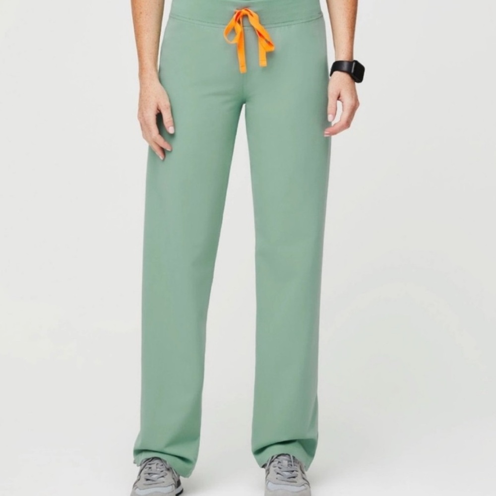 Figs Sage Green Scrub Pants with Orange Drawstring